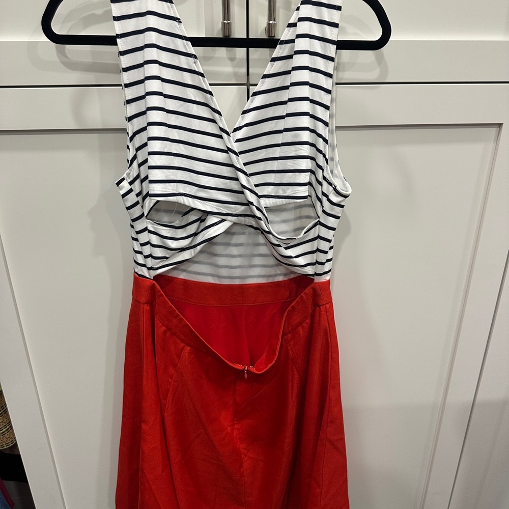 Boutique Striped Sleeveless Dress with Partially Open Back and Red Skirt - Picture 4 of 7